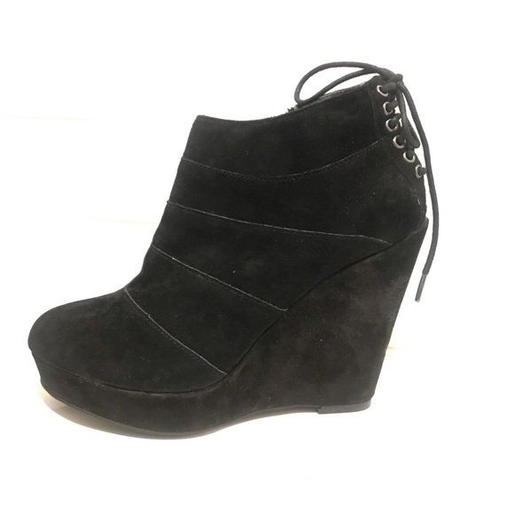 NEW Black Leather Corset Lace-Up Real Suede Goth Ankle Booties: Wedges size 8 - Picture 4 of 6